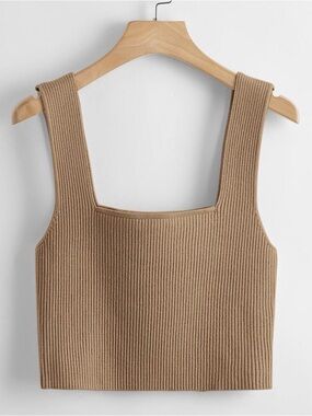 SHEIN Ribbed Square Neck Cropped Tank Top in Camel